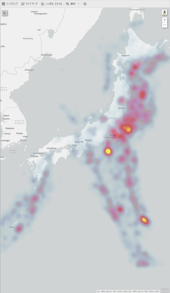 地震発生地域のヒートマップ