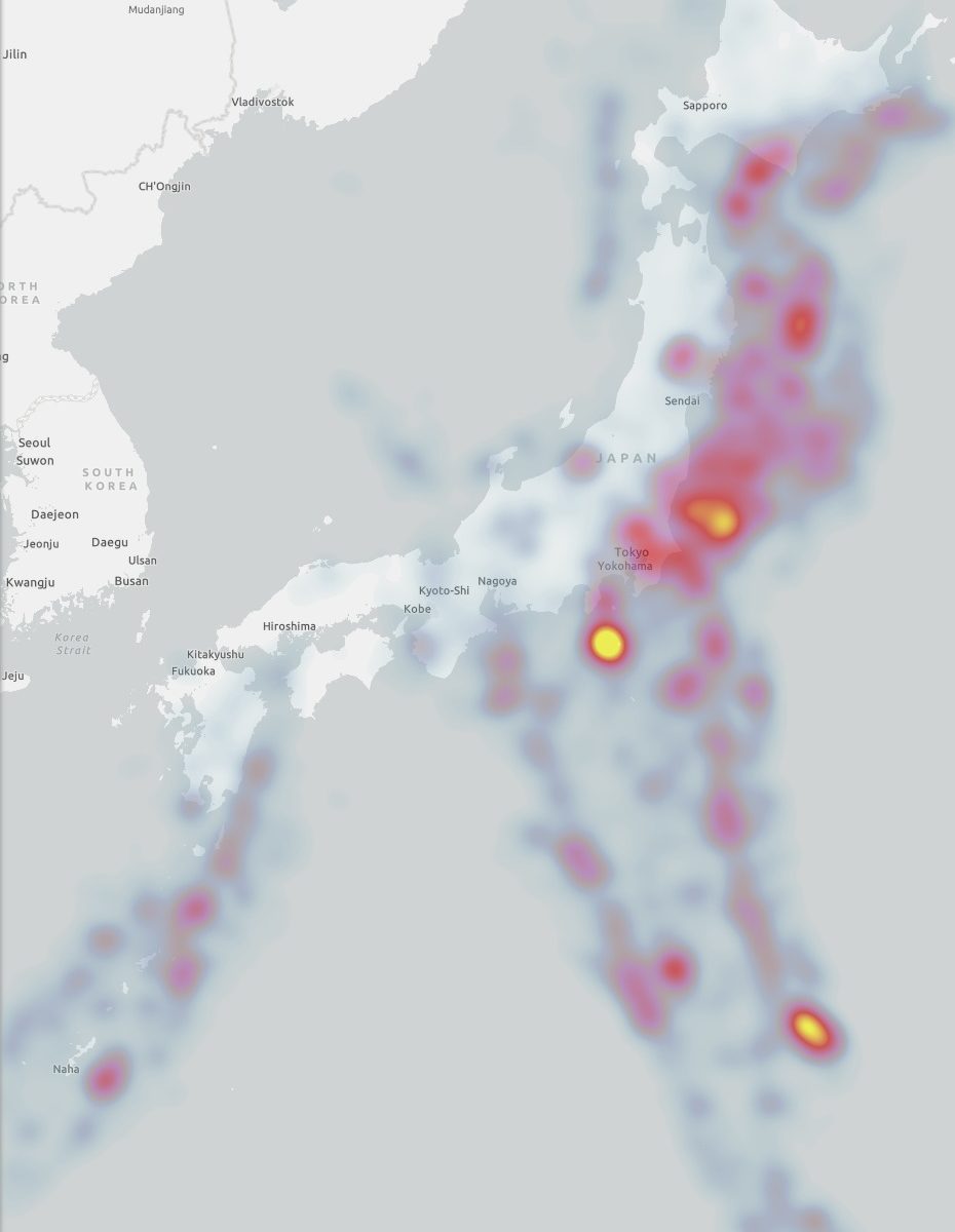 地震発生地域のヒートマップ