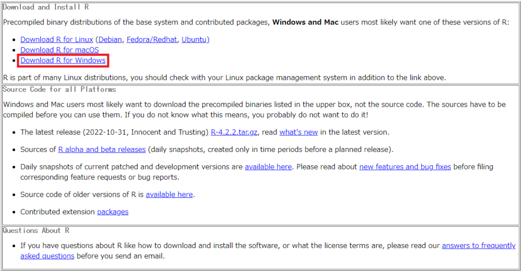 CRANのR for Windowsダウンロード画面