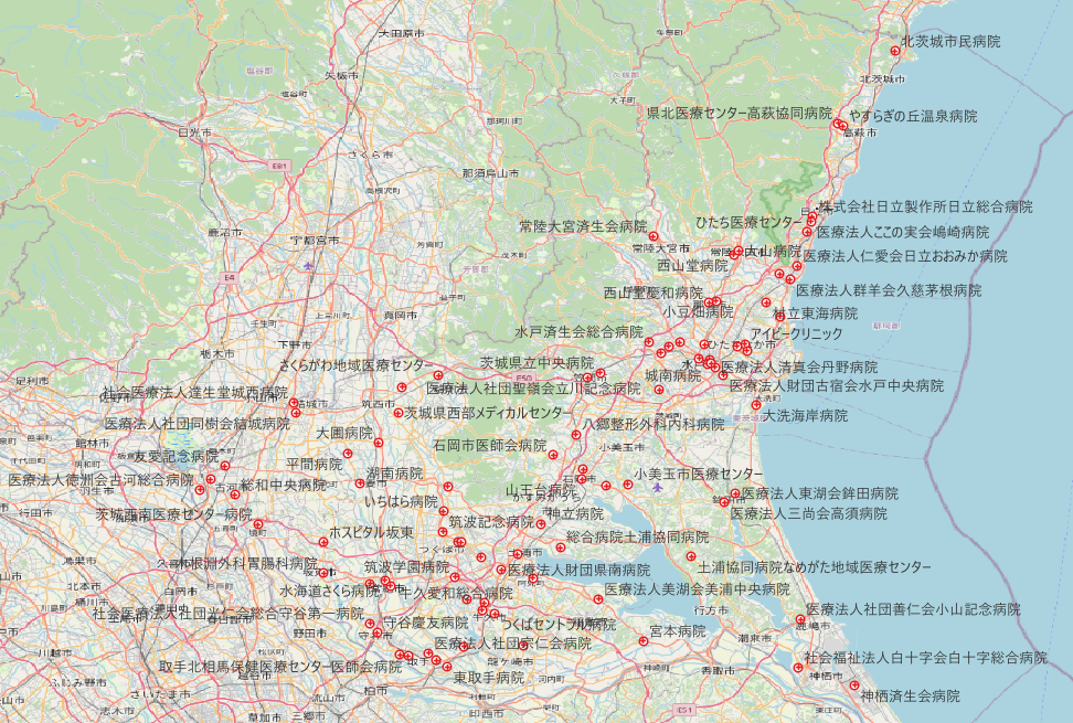 茨城県内の救急告示病院が表示される