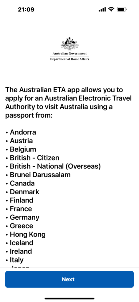 オーストラリア電子渡航認証アプリ（Australian ETA app）を使用すると、パスポートを使って以下の国からオーストラリアを訪問するための電子渡航認証を申請することができます：