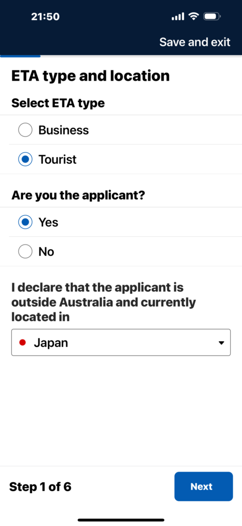 ETA の種類と場所
ETA の種類を選択
ビジネス
観光
申請者ですか?
はい
いいえ
申請者はオーストラリア国外におり、現在は日本に所在することを宣言します