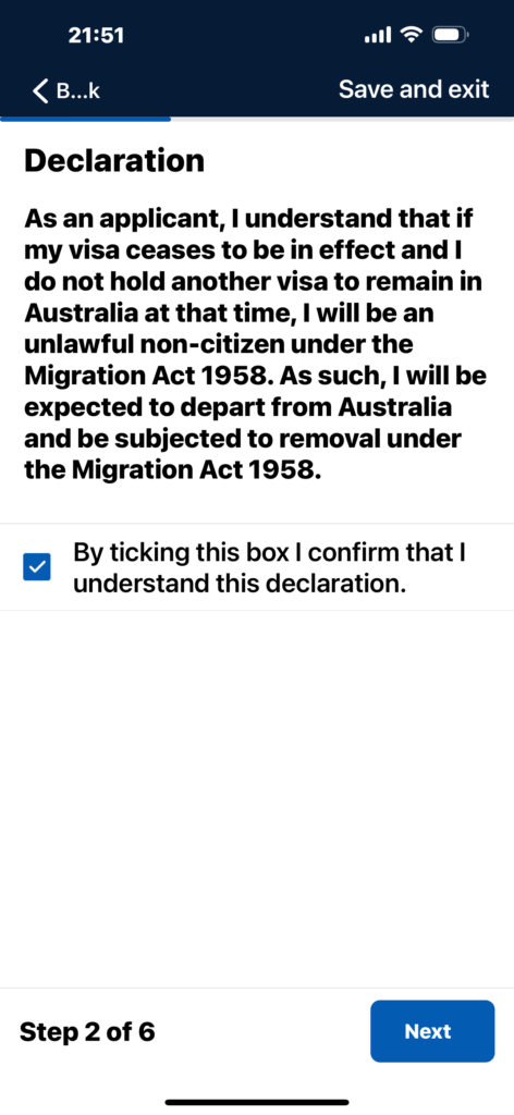 宣言
申請者として、私のビザが失効し、その時点でオーストラリアに滞在するための別のビザを持っていない場合、私は 1958 年移民法の下で不法な非市民となることを理解しています。そのため、私はオーストラリアから出国し、1958 年移民法の下で強制退去の対象となることが予想されます。
このボックスにチェックを入れることで、この宣言を理解したことを確認します。