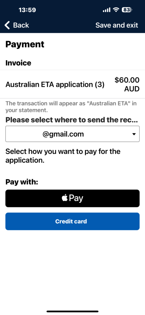 オーストラリアETA申請(3) 50豪ドル
ご利用明細には「Australian ETA」と記載されます。
送金先を選択してください。
申請料金の支払い方法を選択してください。
支払方法
アップルペイ
クレジットカード