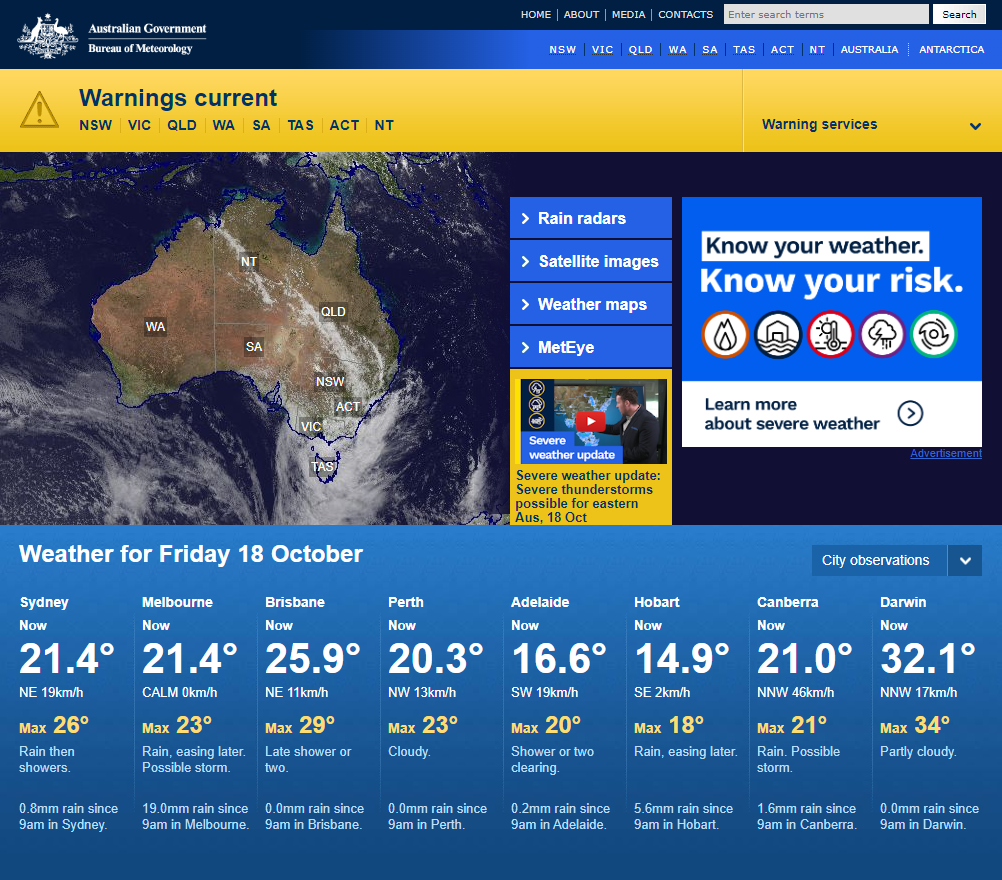 Australian Bureau of Meteorologyのトップページ